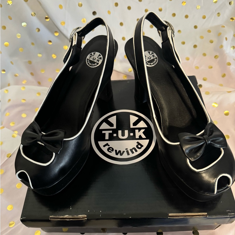 TUK peep toe, sling back heels